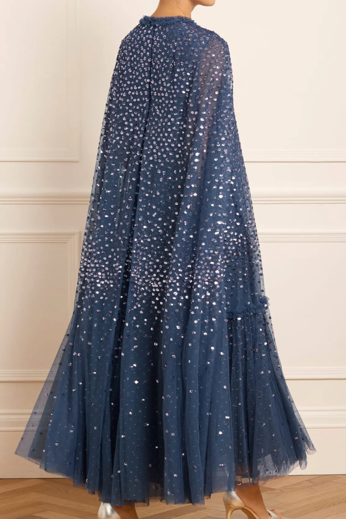 Evening Dresses | Responsibly Sourced^Needle & Thread Scatter Dot Cape Tiered Ankle Gown Blue