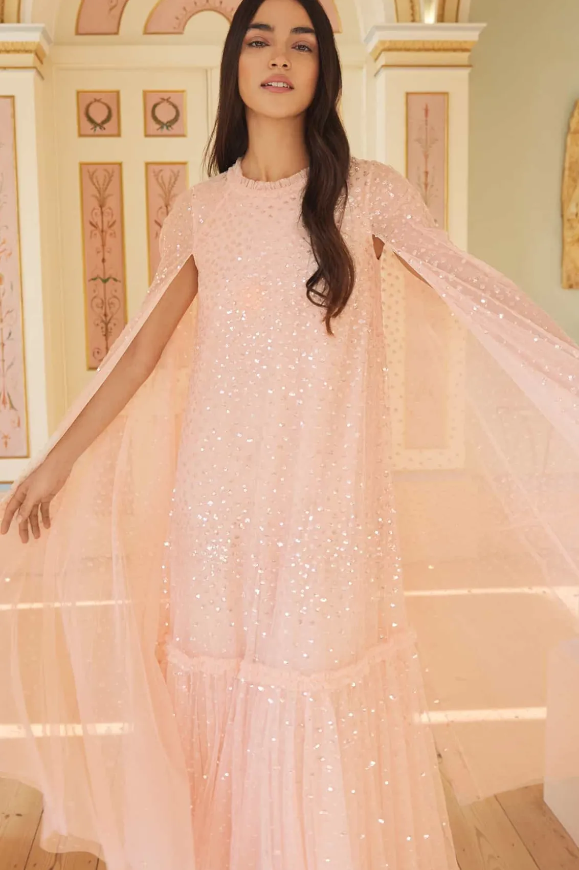 Evening Dresses | Embellished Dresses^Needle & Thread Scatter Dot Cape Tiered Ankle Gown Pink