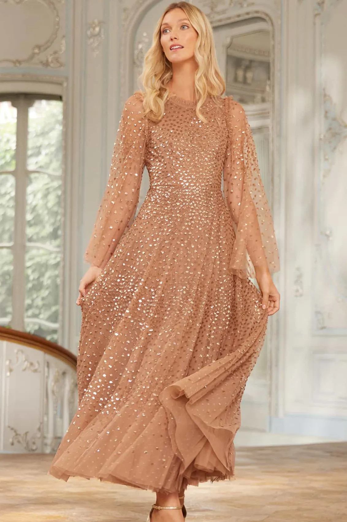Evening Dresses | Embellished Dresses^Needle & Thread Scatter Dot Round Neck Ankle Gown Brown