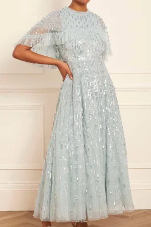 Mummy & Me | Evening Dresses^Needle & Thread Sequin Dash Cape Ankle Gown Blue