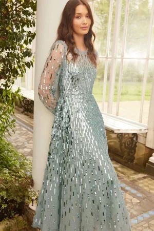 Evening Dresses | Embellished Dresses^Needle & Thread Sequin Dash Long Sleeve Ankle Gown Green