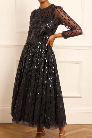 Evening Dresses | Embellished Dresses^Needle & Thread Sequin Dash Long Sleeve Gown Black