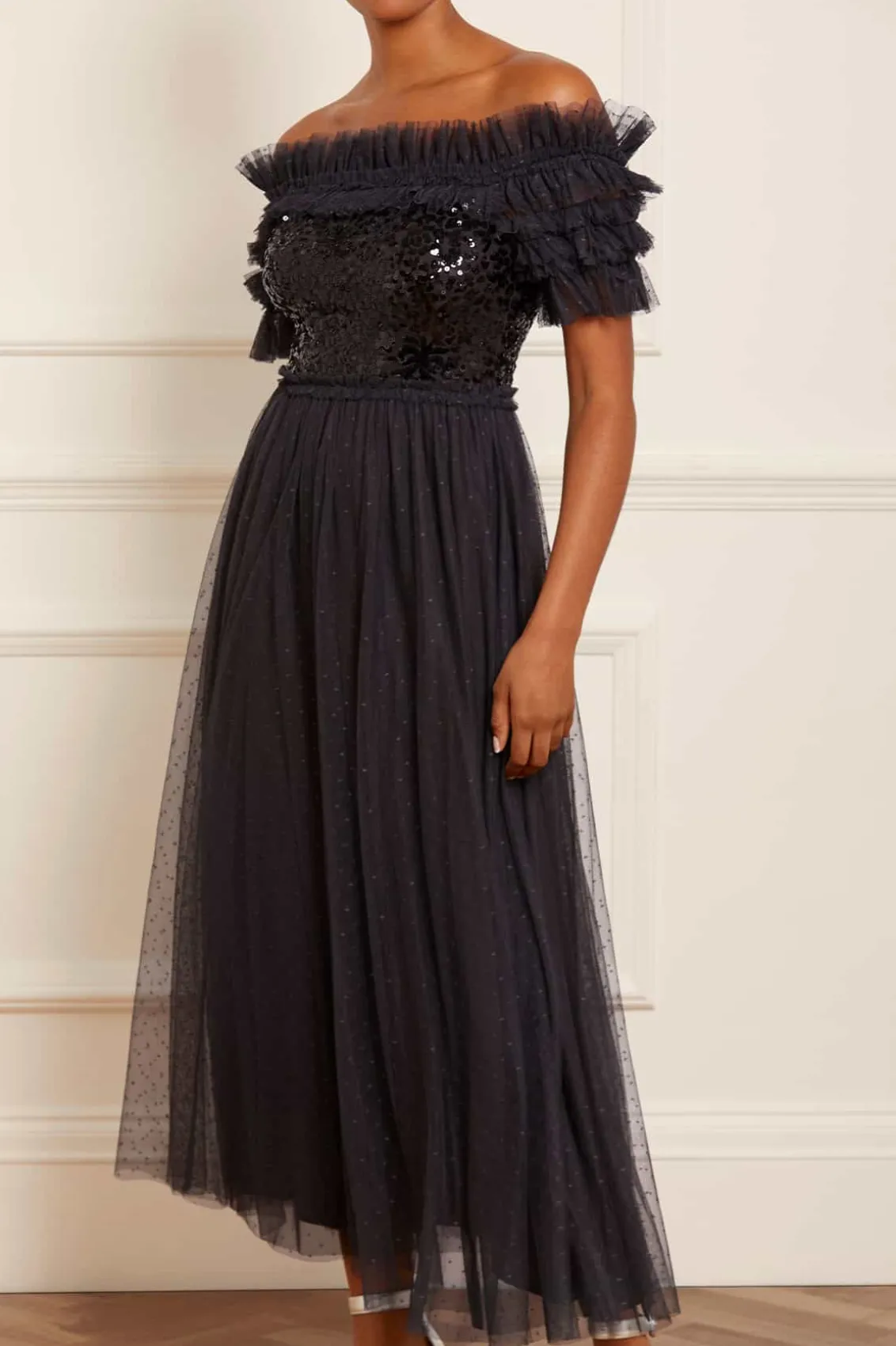 Evening Dresses | Embellished Dresses^Needle & Thread Sequin Wreath Bodice Off-Shoulder Ankle Gown Black