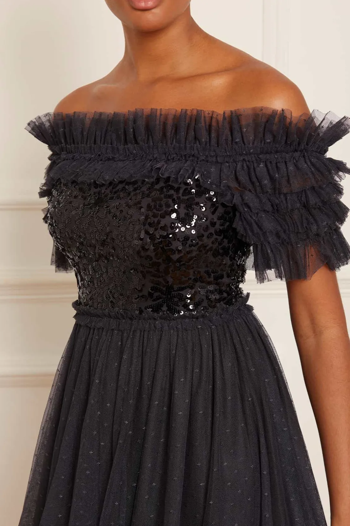 Evening Dresses | Embellished Dresses^Needle & Thread Sequin Wreath Bodice Off-Shoulder Ankle Gown Black