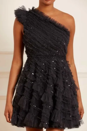 Mini Dresses^Needle & Thread Spiral Sequin One-Shoulder Micro Mini Dress Black