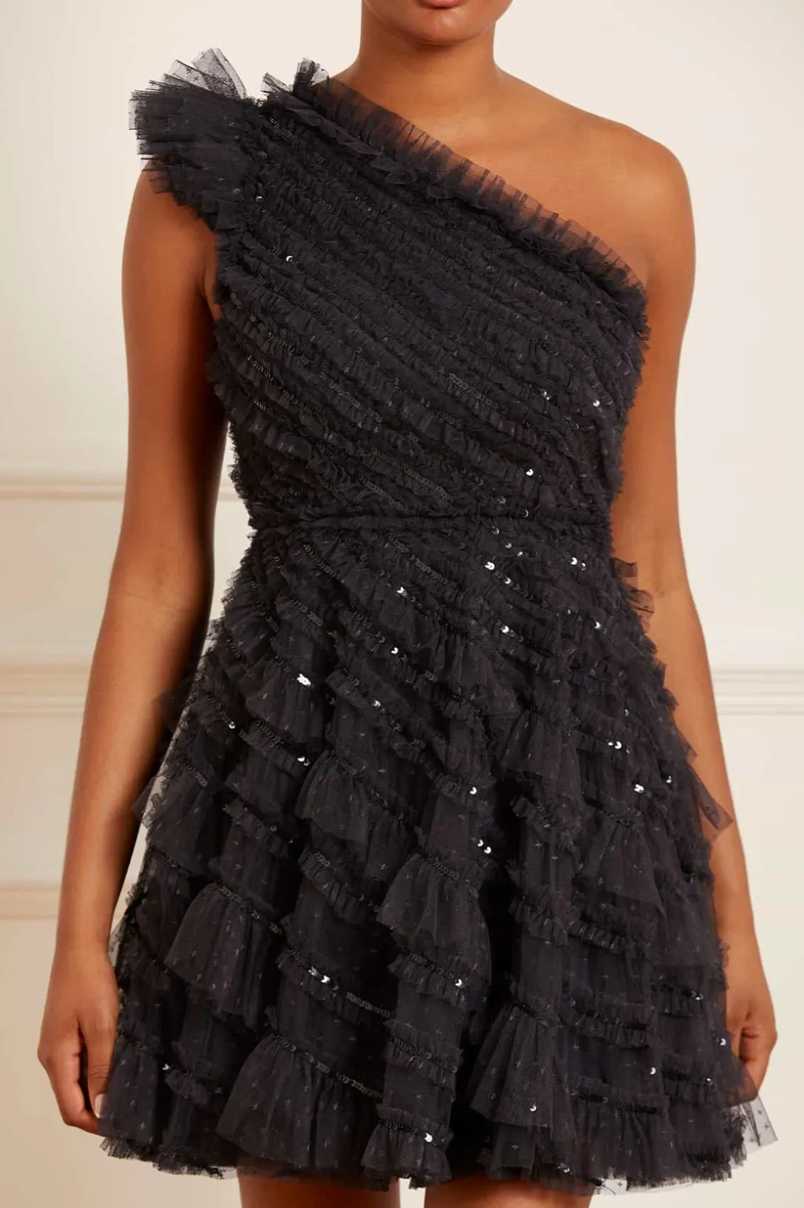 Mini Dresses^Needle & Thread Spiral Sequin One-Shoulder Micro Mini Dress Black