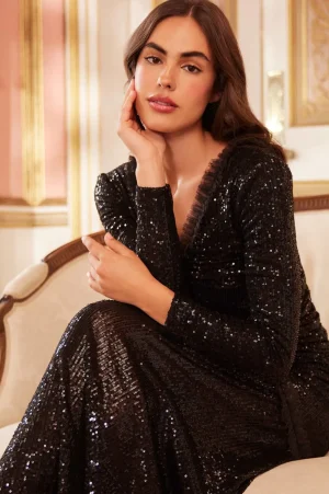 Evening Dresses | Embellished Dresses^Needle & Thread Starlight Long Sleeve Gown Black