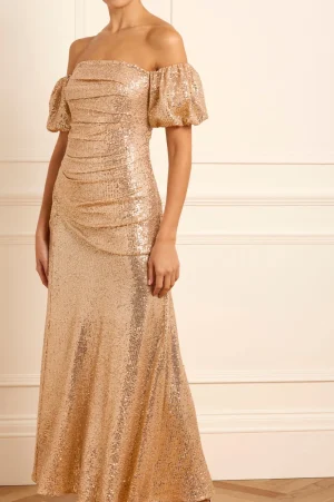 Embellished Dresses | Responsibly Sourced^Needle & Thread Sunbeam Valentina Off-Shoulder Gown Gold