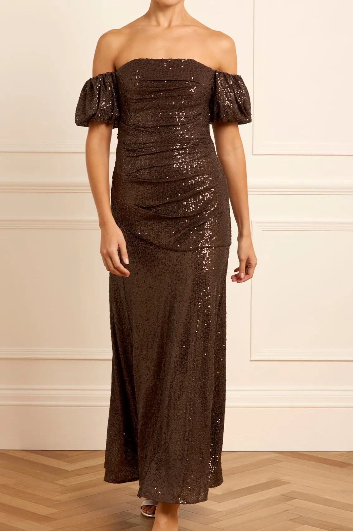 Embellished Dresses | Responsibly Sourced^Needle & Thread Sunbeam Valentina Off-Shoulder Gown Brown
